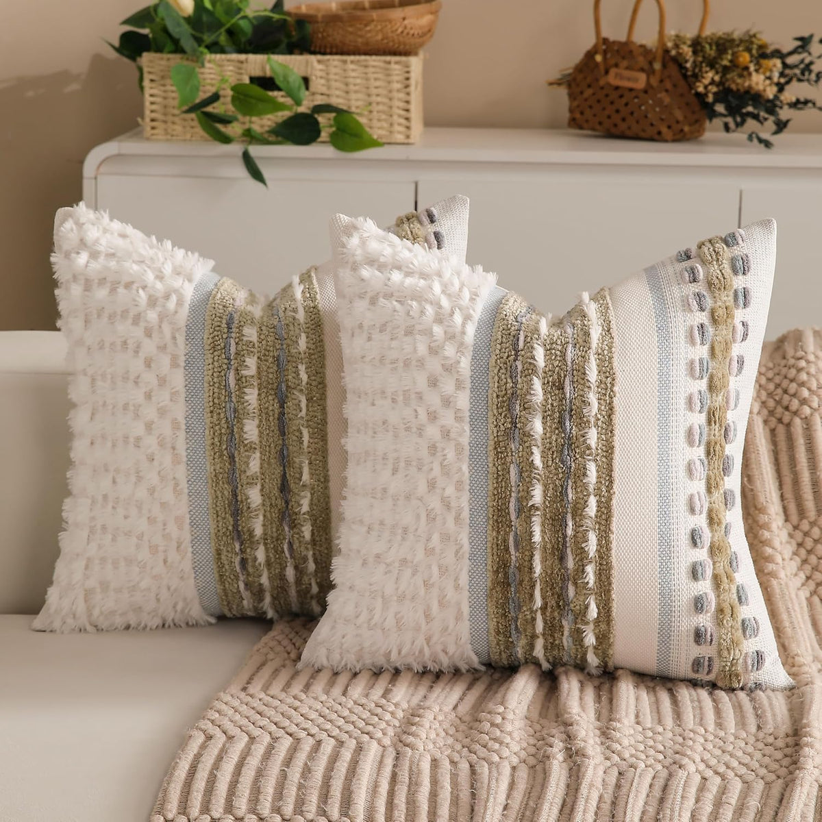 Boho Chenille Tufted Couch Throw Pillow Covers 18x18 Inch Set of 2 Farmhouse Striped Decorative Pillow Covers Accent Neutral Pillowcase Brown Cushion Cover for Living Room Sofa Bed