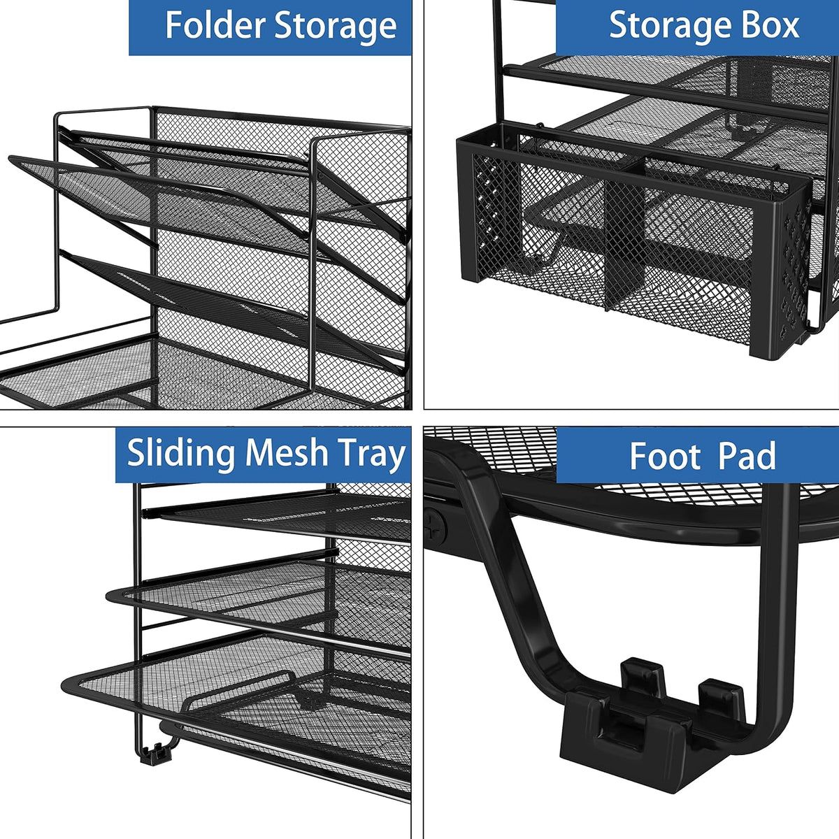 Simple Trending 7 Tier Desk File Organizer, Letter Tray Paper Organizer with Pen Holder and Metal Hanging Basket, Black