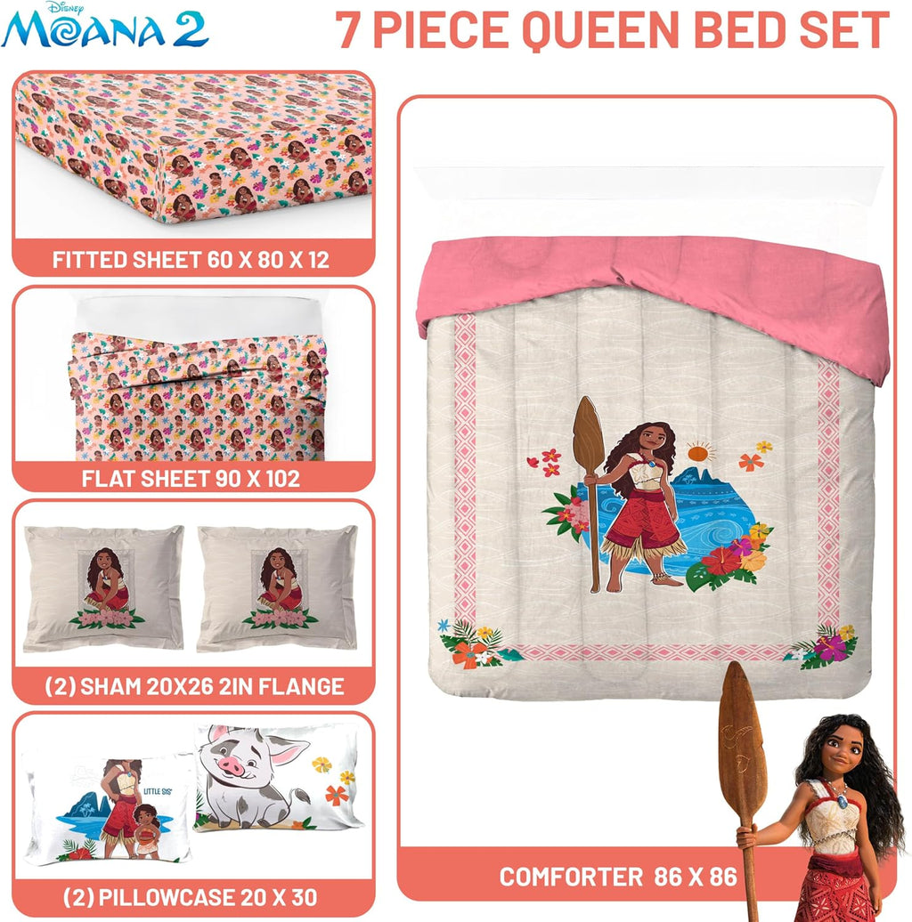 Disney Moana Queen Comforter Set 7 Piece Kids Bedding for Girls, Beige