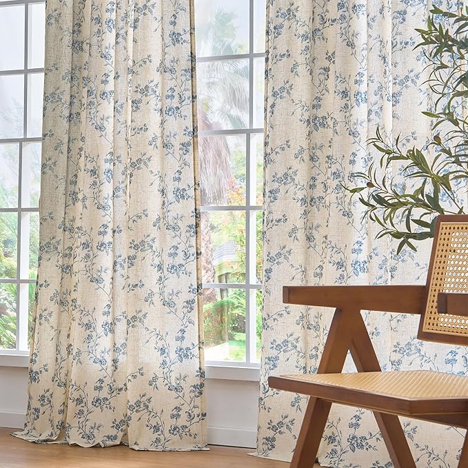 Lazzzy 90 Inch Length Curtain for Living Room Bedroom Blue Floral Drapes Linen - Image 7