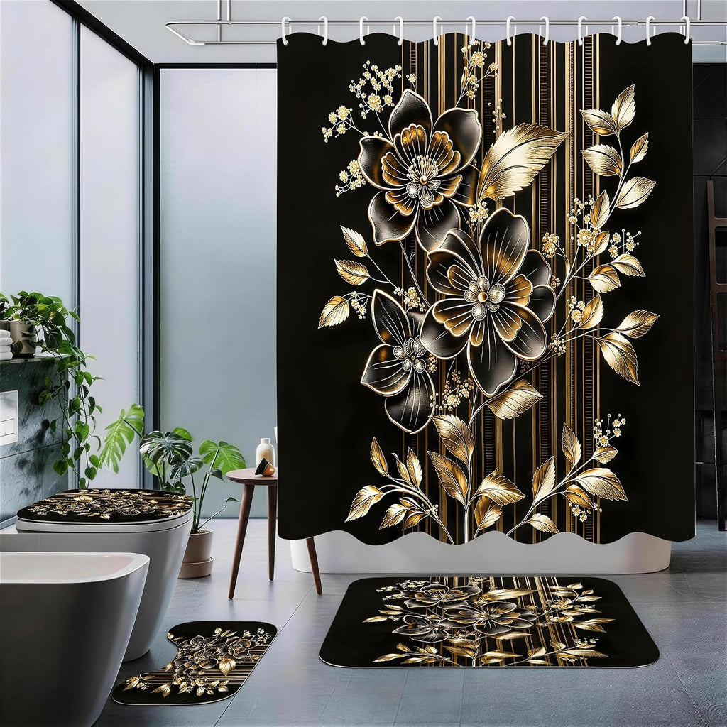 4pcs Shower Curtain Set Black Gold Flower Bathroom Decor with Rug