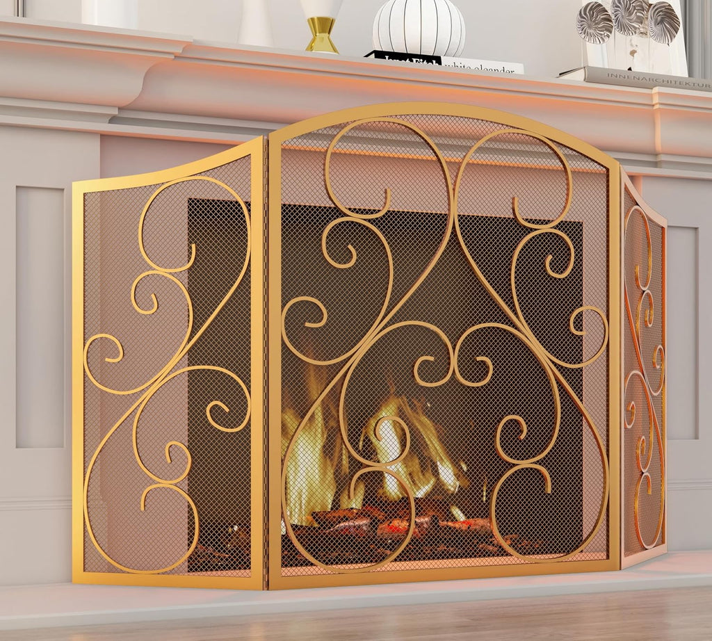 Fire Beauty Fireplace Screen 3 Panel Wrought Iron Metal 48"(L) x30(H) Spark Guard Cover(Golden Dusting)