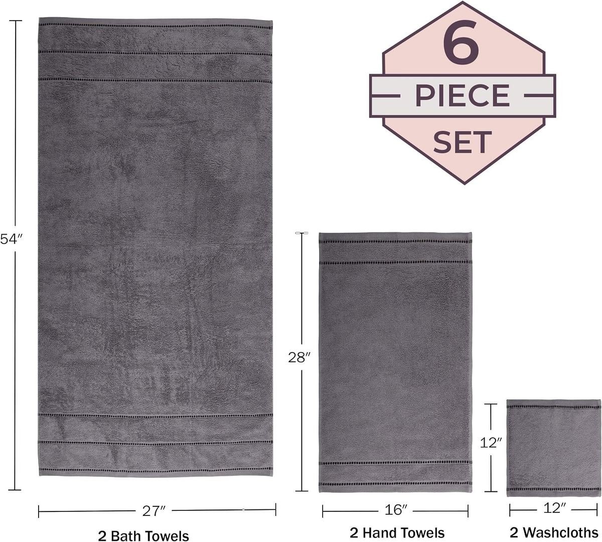 Bedford Home Bathroom Towels Set, Bathroom Accessories, Silver, Set of 6