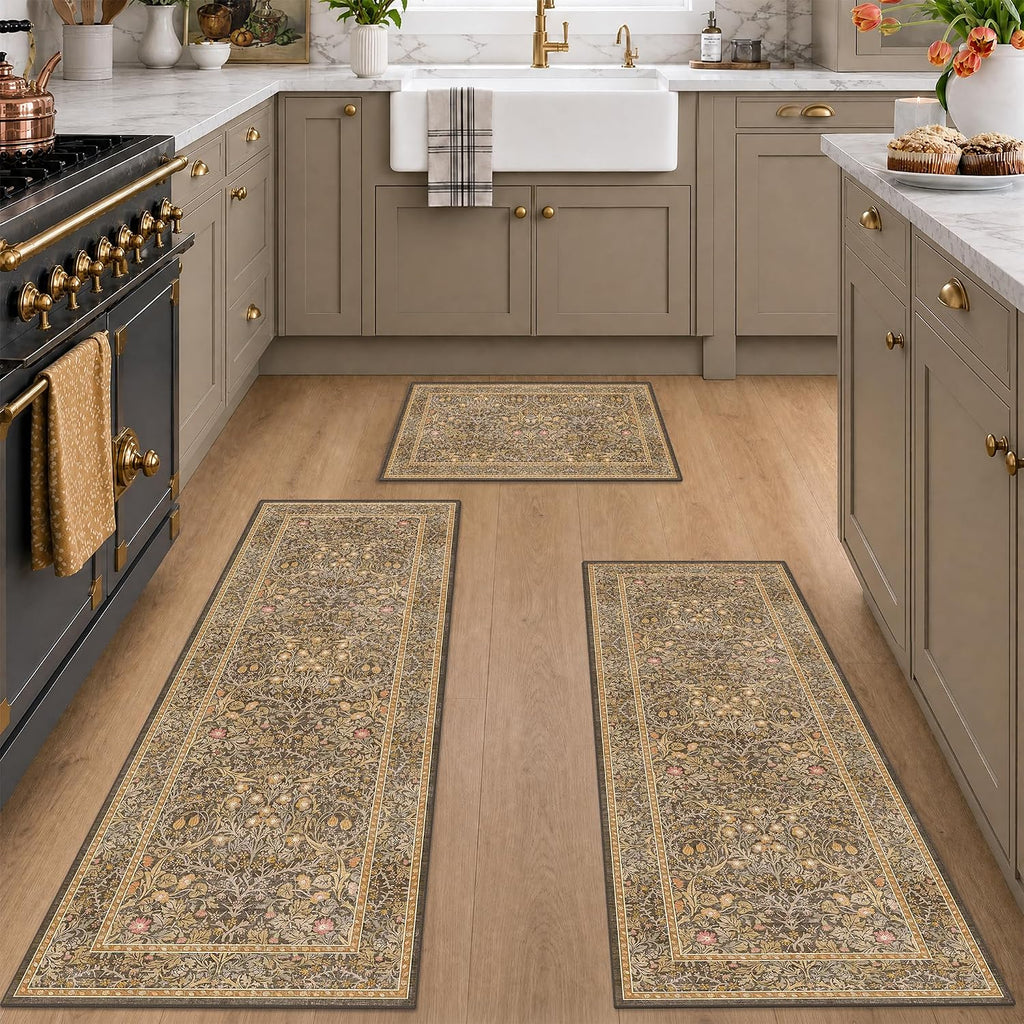 JTJ Brown Kitchen Rug Set of 3, Washable Non Slip Mats with Runner