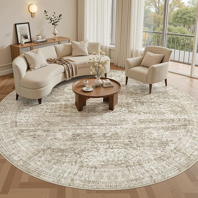 9x9 Brown Round Rug 9ft Living Room Circle Rug Vintage Round Area Rug Non Slip by Soalmost