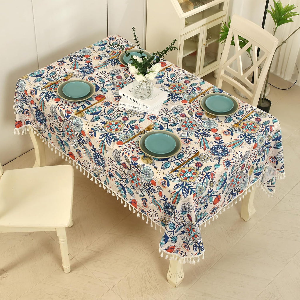 Boho Floral Tablecloth with Tassels 59"x86.6" Rectangular Table Cover