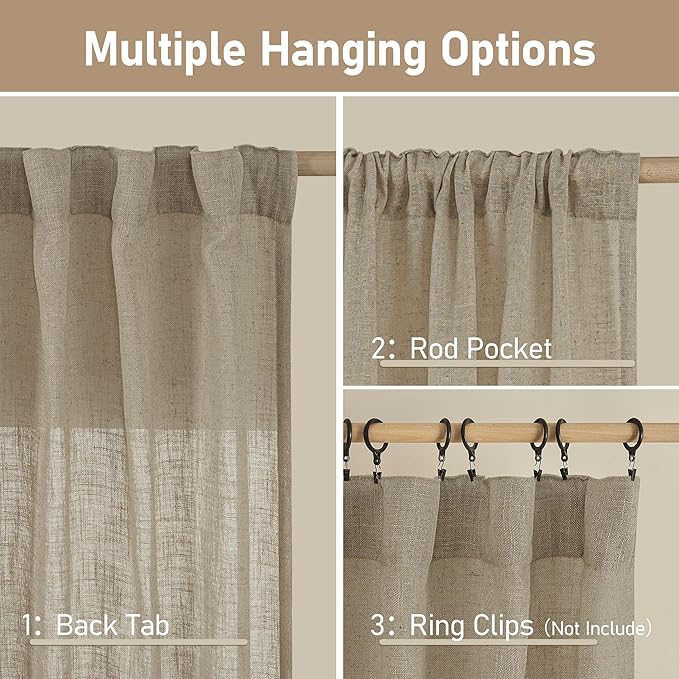 LAMIT Taupe Sheer Linen Curtains, 108 inch Light Filtering Semi Sheer Panels - Image 3