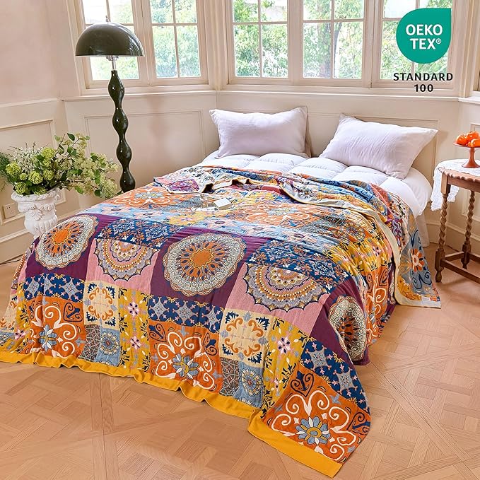 MSGKV Boho Throw Blanket for Bed 90"x108" 100% Cotton Blanket Spring Breathable - Image 6