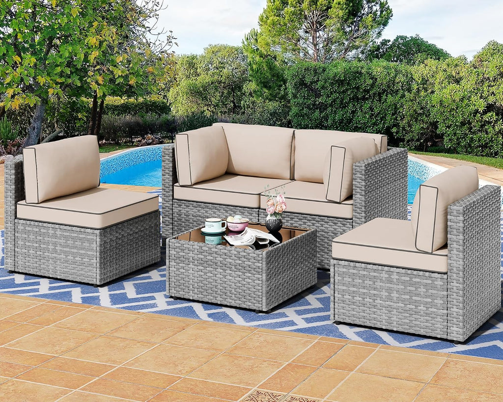 Shintenchi 5 Pieces Outdoor Patio Sectional Sofa Couch, Black PE Wicker Furniture Sets, Patio Conversation Sets with Washable Cushions Coffee Table for Garden, Poolside, Backyard,Blue