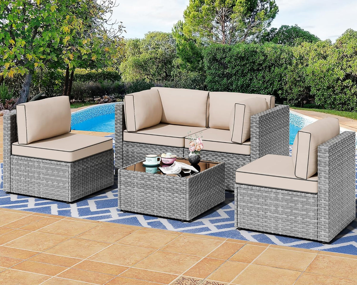 Shintenchi 5 Pieces Outdoor Patio Sectional Sofa Couch, Black PE Wicker Furniture Sets, Patio Conversation Sets with Washable Cushions Coffee Table for Garden, Poolside, Backyard,Blue