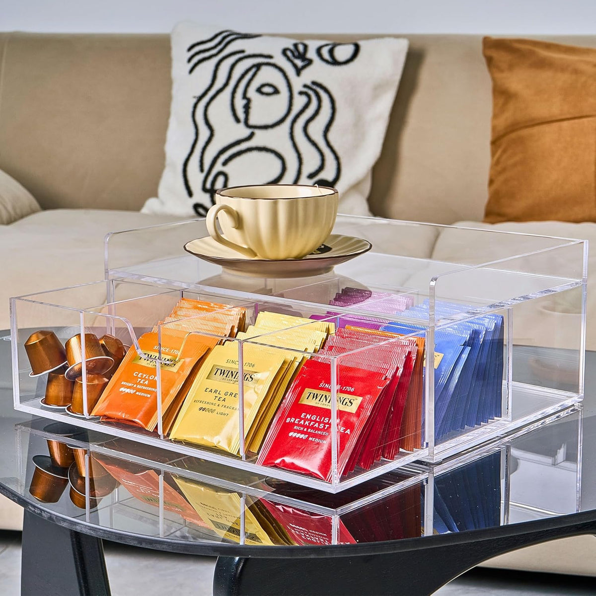 Heavy-Duty Acrylic Tea Station with 8-Compartment Drawer Organizer