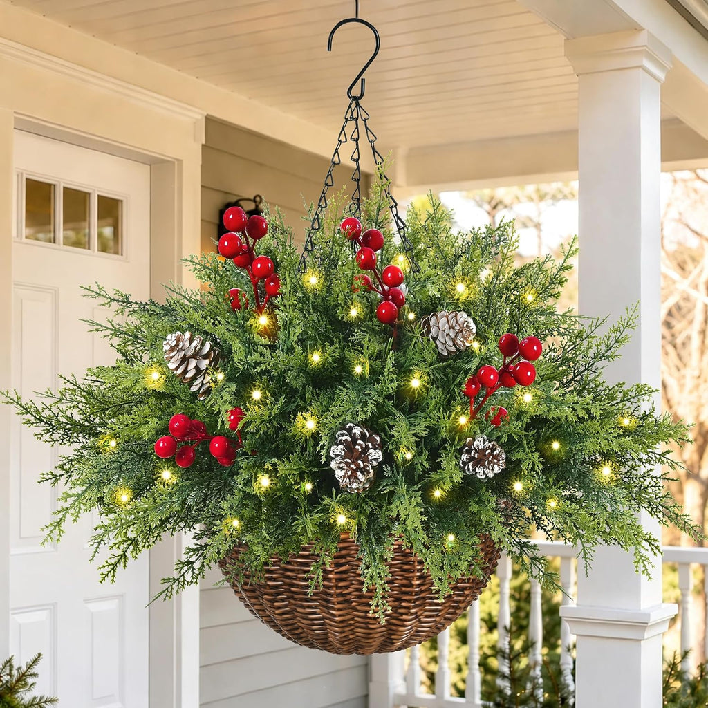 Artificial Cedar Christmas Hanging Baskets for Outdoor with Berry & PineCones, Winter Hanging Baskets with Lights, Artificial Xmas Greenery for Front Porch Patio Outside Urn Fillers Winter Decor