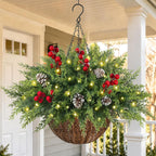 Artificial Cedar Christmas Hanging Baskets for Outdoor with Berry & PineCones, Winter Hanging Baskets with Lights, Artificial Xmas Greenery for Front Porch Patio Outside Urn Fillers Winter Decor