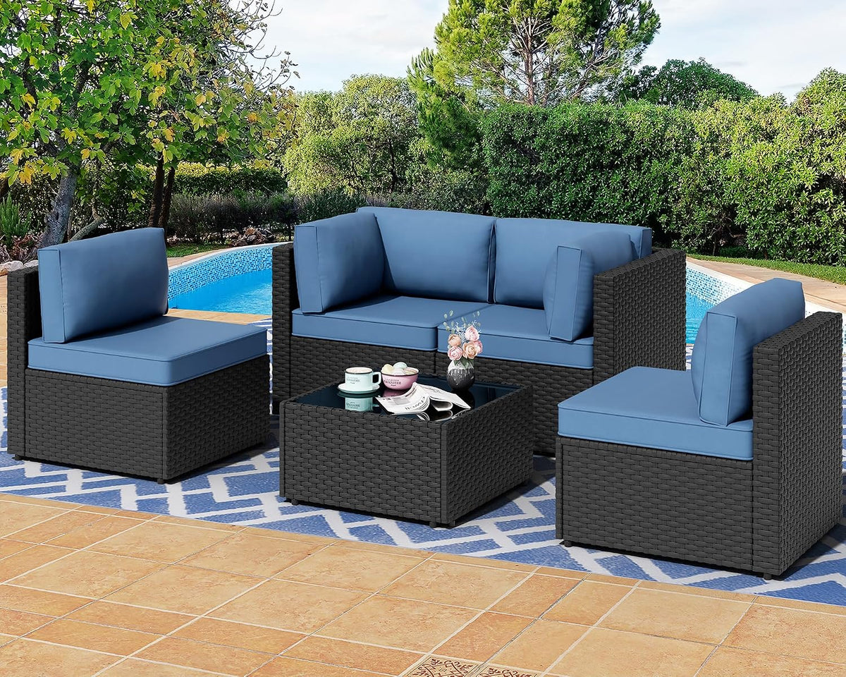 Shintenchi 5 Pieces Outdoor Patio Sectional Sofa Couch, Black PE Wicker Furniture Sets, Patio Conversation Sets with Washable Cushions Coffee Table for Garden, Poolside, Backyard,Blue