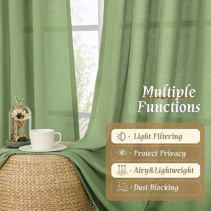 LAMIT Green Linen Curtains for Bedroom, Faux Linen Textured Light Filtering - Image 9