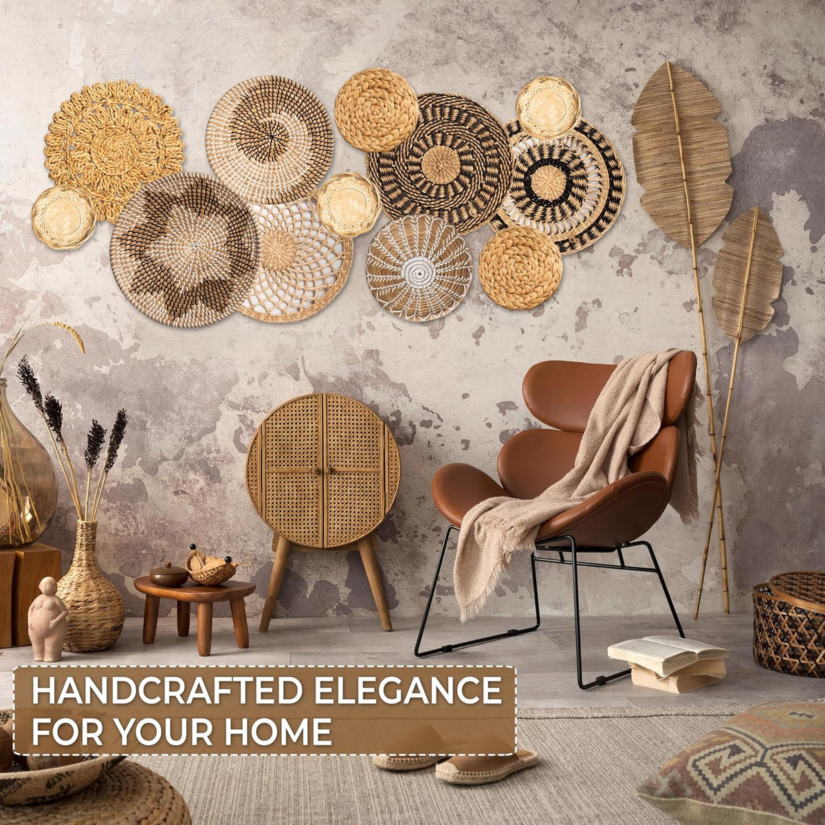 Laquedecraft Basket Wall Decor Set of 12, Natural Handwoven Wicker