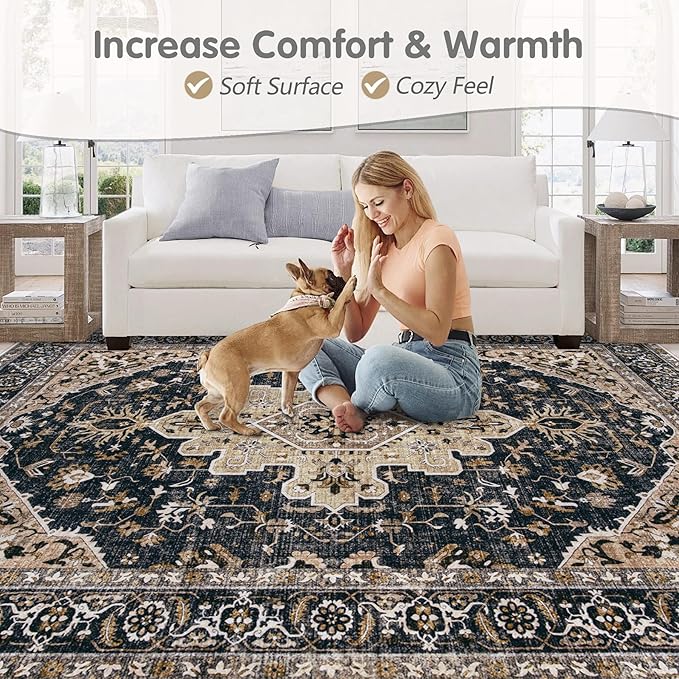 Area Rugs 9x12 Vintage Rug: Large Washable Living Room Rug Retro Medallion - Image 7