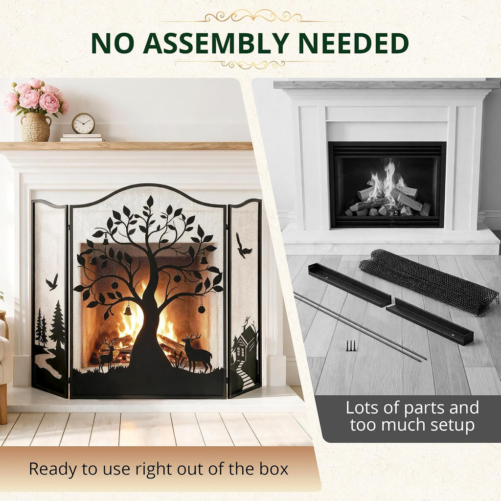 50" x 36" 3-Panel Fireplace Screen, Tree Pattern Fire Guard, Rustic