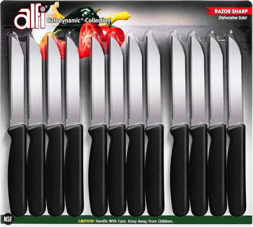 Alfi All-Purpose Knives Aerospace Precision Pointed Tip - Home And Kitchen Supplies - Serrated Steak Knives Set | Made in USA (Multi-Color, 12 pack)