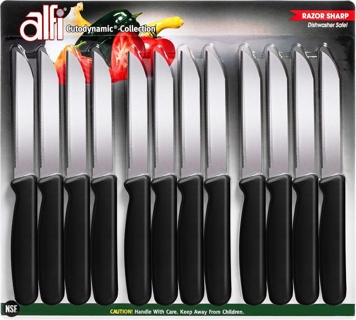 Alfi All-Purpose Knives Aerospace Precision Pointed Tip - Home And Kitchen Supplies - Serrated Steak Knives Set | Made in USA (Multi-Color, 12 pack)