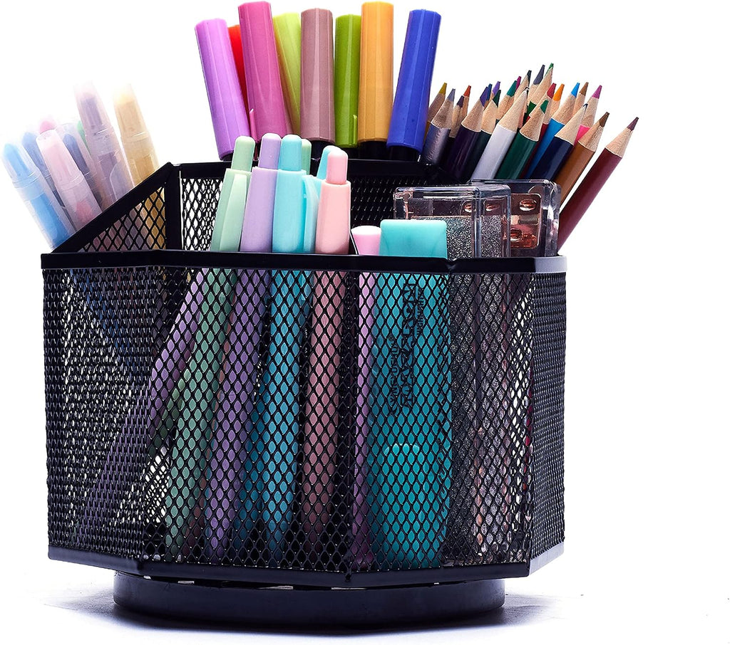 Exerz Desk Organizer 360 Rotating Pen Holder 5 Compartments Caddy Black