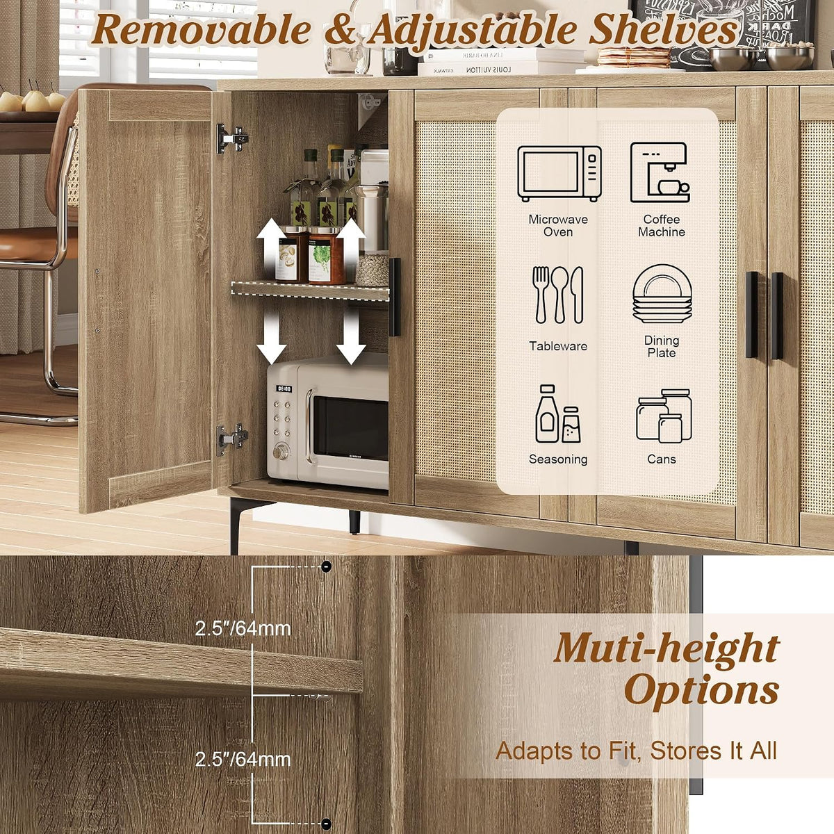 JASIWAY Buffet Cabinet with Storage, 48" Rattan Coffee Bar Cabinet Station