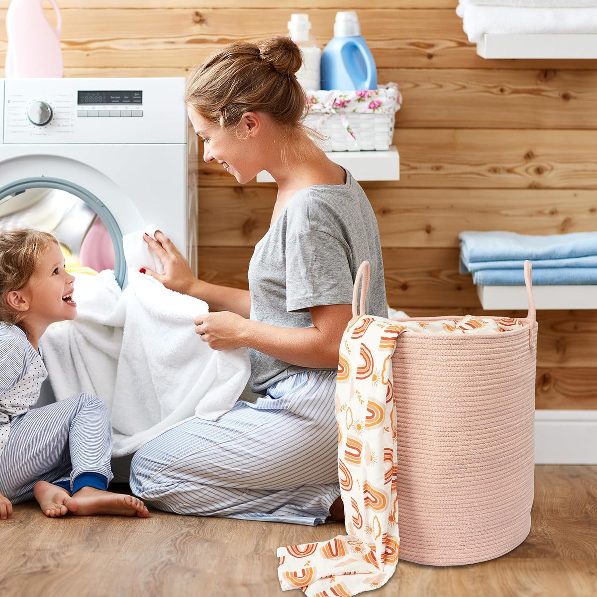 XUANGUO Cotton Rope Laundry Basket Hamper for Clothes, coral pink