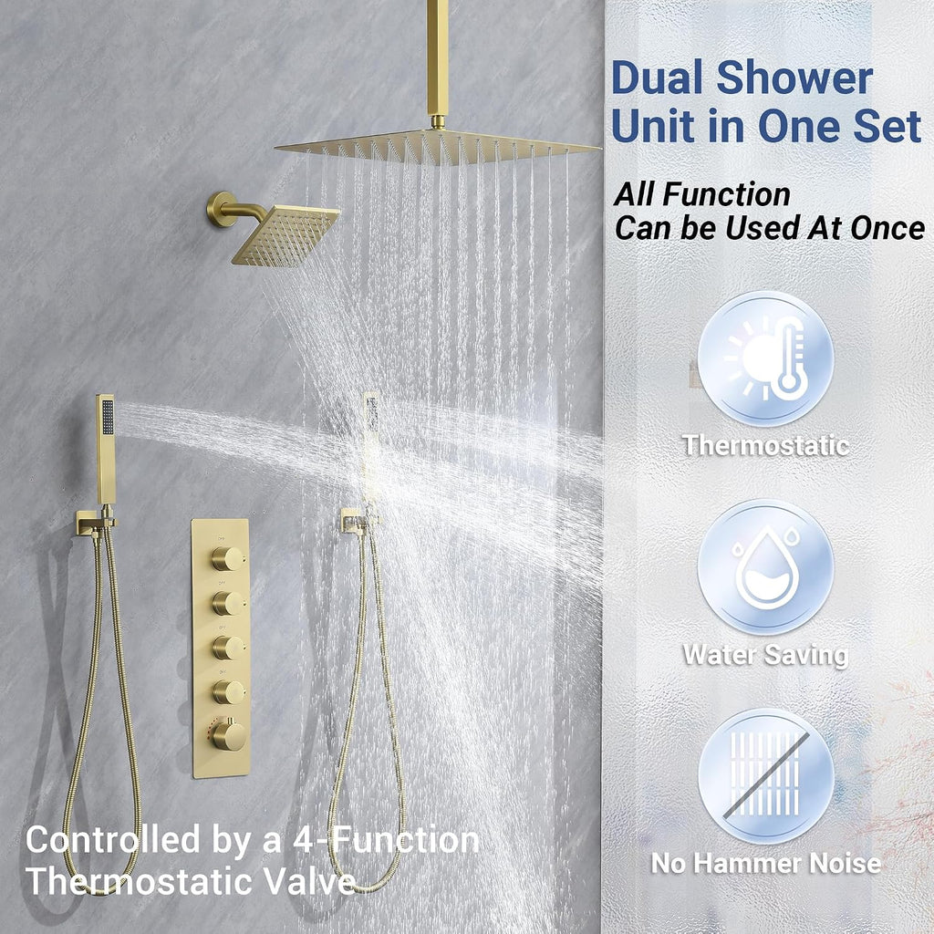 Thermostatic Shower System Dual Shower Head & HandHeld Spray Brushed Gold