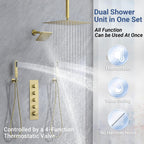Thermostatic Shower System Dual Shower Head & HandHeld Spray Brushed Gold