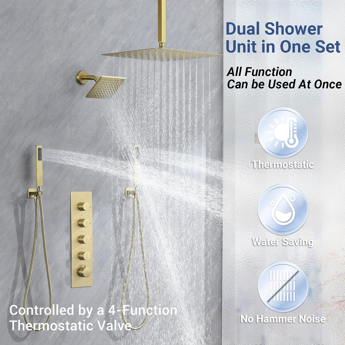Thermostatic Shower System Dual Shower Head & HandHeld Spray Brushed Gold