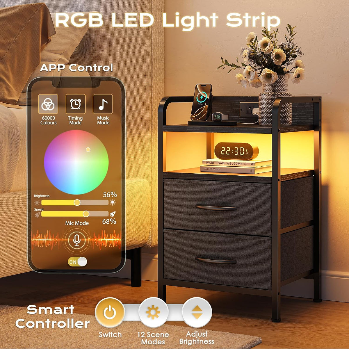 Huuger Nightstands Set of 2, Night Stand with LED Lights, Charging Station