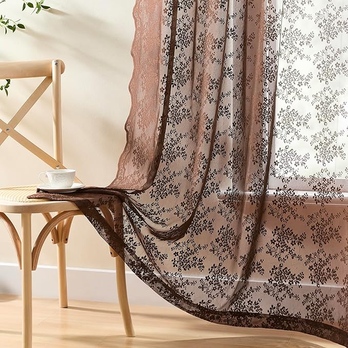 YJ YANJUN Vintage Lace Curtains 84 Inches Long-Victorian Floral Boho Brown - Image 4