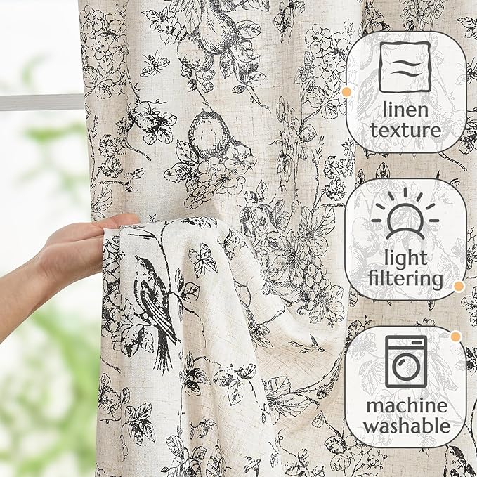 jinchan Linen Floral Curtains for Living Room 84 Inch Length Black Printed - Image 3