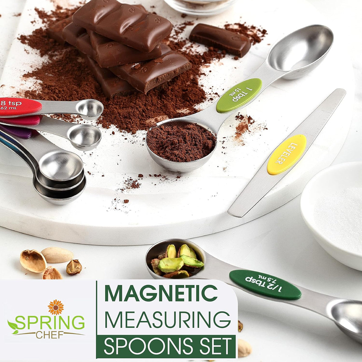 Spring Chef Magnetic Measuring Spoons Set of 8 for Kitchen, Multicolor