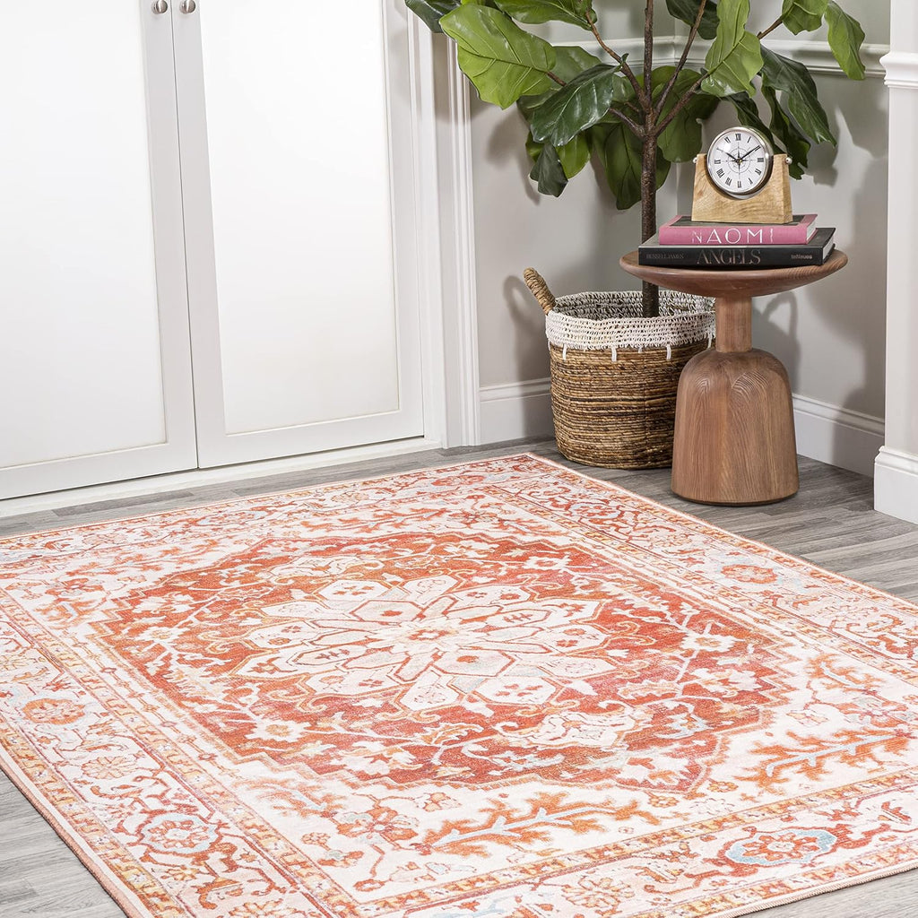 JONATHAN Y Machine Washable Orange/Cream Indoor Area Rug 4X6 ft, ASA Ornate Medallion for Living Room, Bedroom, Kitchen, Office, Easy-Cleaning, High Traffic, Pet-Friendly, Non-Shedding (WSH108A-4)