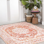 JONATHAN Y Machine Washable Orange/Cream Indoor Area Rug 4X6 ft, ASA Ornate Medallion for Living Room, Bedroom, Kitchen, Office, Easy-Cleaning, High Traffic, Pet-Friendly, Non-Shedding (WSH108A-4)