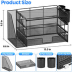 Desk Organizer, 4-Tier Desktop File Organizer with Drawer and Pen Holders, Office Desk Accessories, File Sorters, Workspace Organizers for Office Supplies(Black)