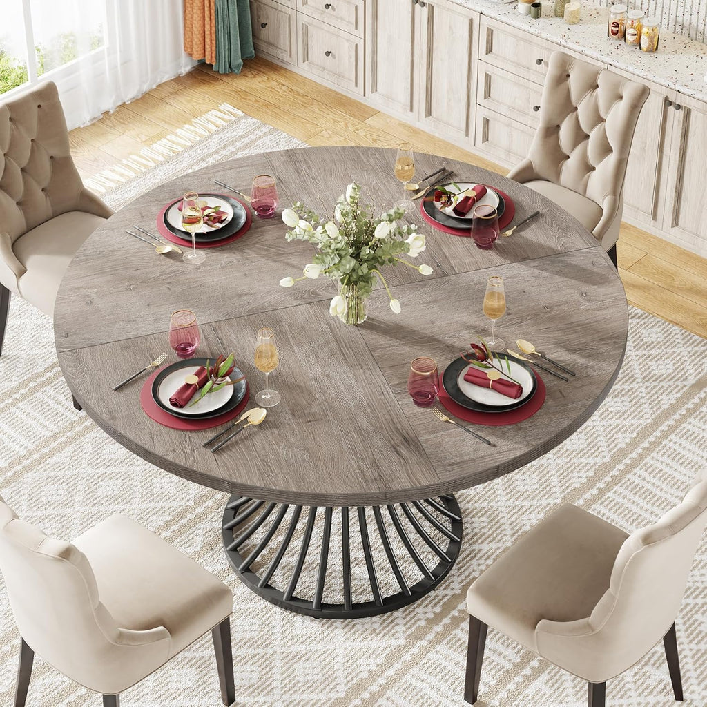 Tribesigns Round Dining Table for 4-6 People, 47-Inch Farmhouse Dinning Room Circle Kitchen Table, Industrial Dinner Table with Metal Base for Kitchen, Living Room, Gray