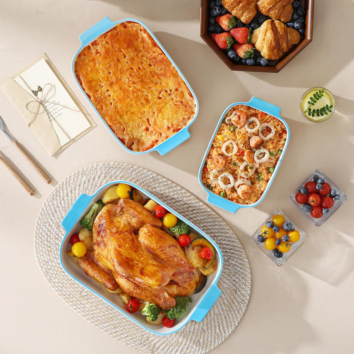 MALACASA Ceramic Baking Dishes Set of 3, Blue Trim Casserole for Oven, 9x13
