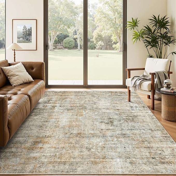 Abstract Rug 5x7 Machine Washable Area Indoor Orange Low Pile Non-Slip Foldable - Image 4