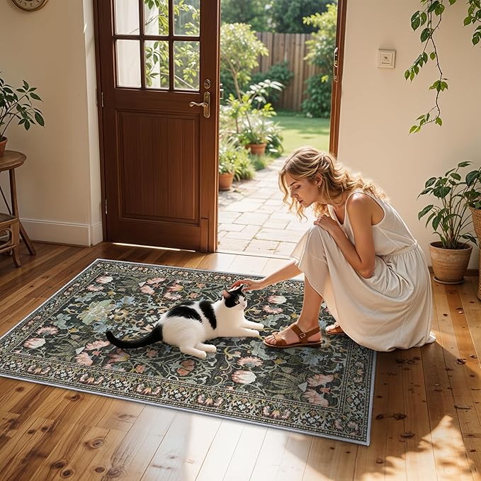 Washable 4x6 Bedroom Rug for Family: Non-Slip Floral Small Carpet for Living - Image 4