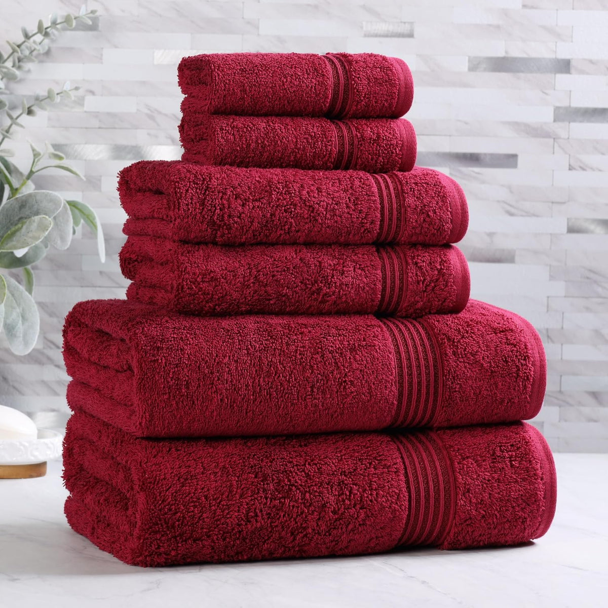 Superior Egyptian Cotton 6-Piece Towel Set, Bathroom Essentials, Towels For Bathroom, Apartment, Airbnb, Guest Bath, Face, Hand, Bath Towels, Washcloths, Absorbent, Fast Drying, Burgundy