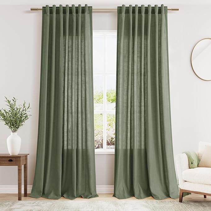 Olive Green Linen Curtains 90 Inch Length 2 Panels Set by Nanspring