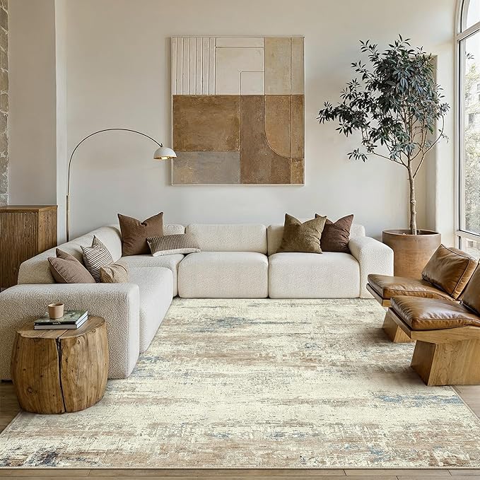 PureCozy 8x10 Area Rug Washable Beige Brown Abstract Living Room Carpet Non - Image 5