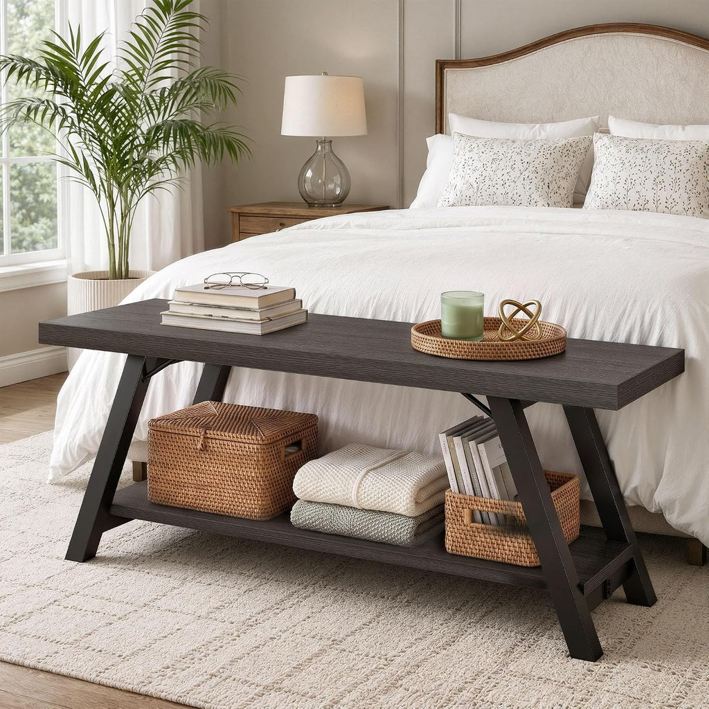 LVB Entryway Bench with Storage, Wood Bench for Entryway, Dark Gray Oak