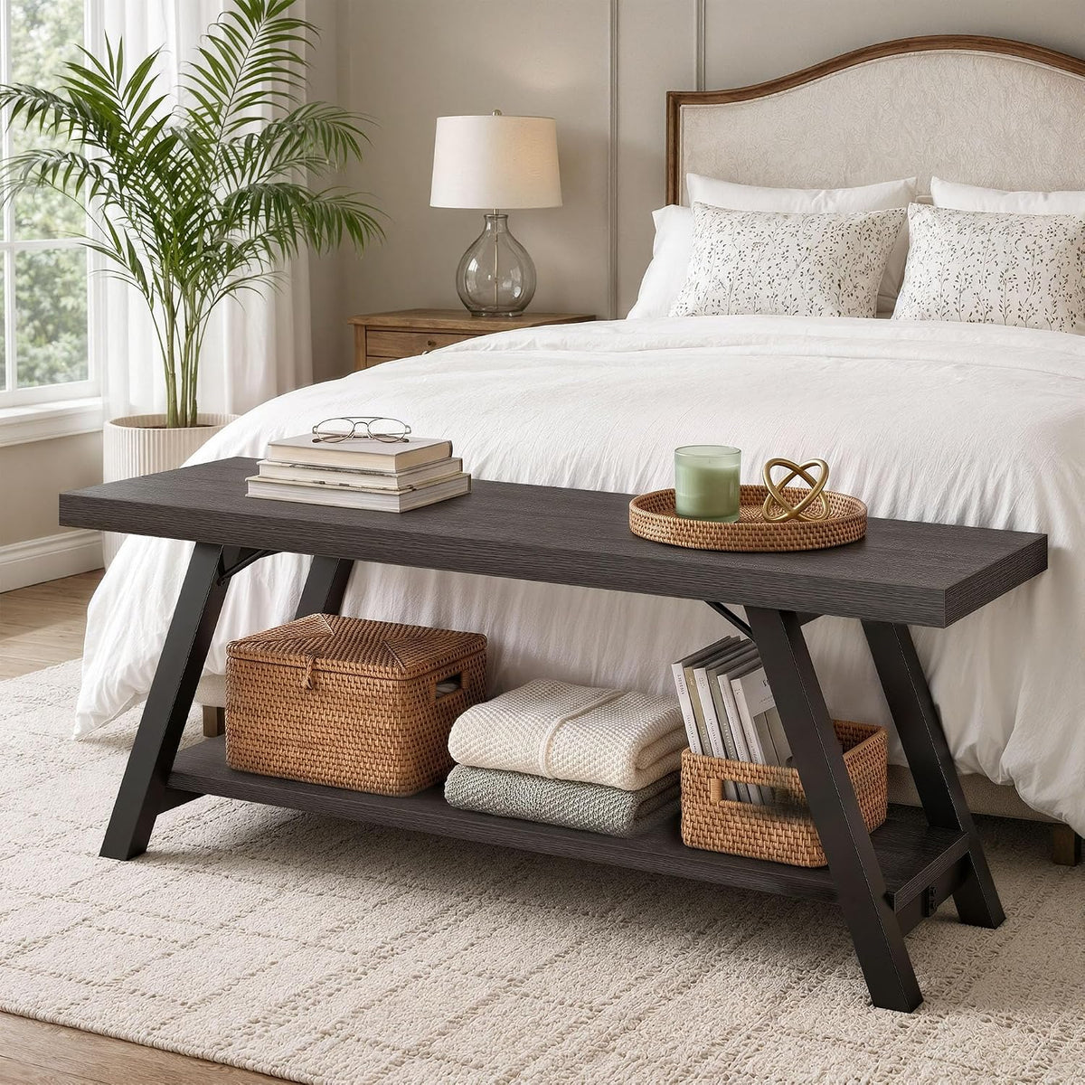 LVB Entryway Bench with Storage, Wood Bench for Entryway, Dark Gray Oak