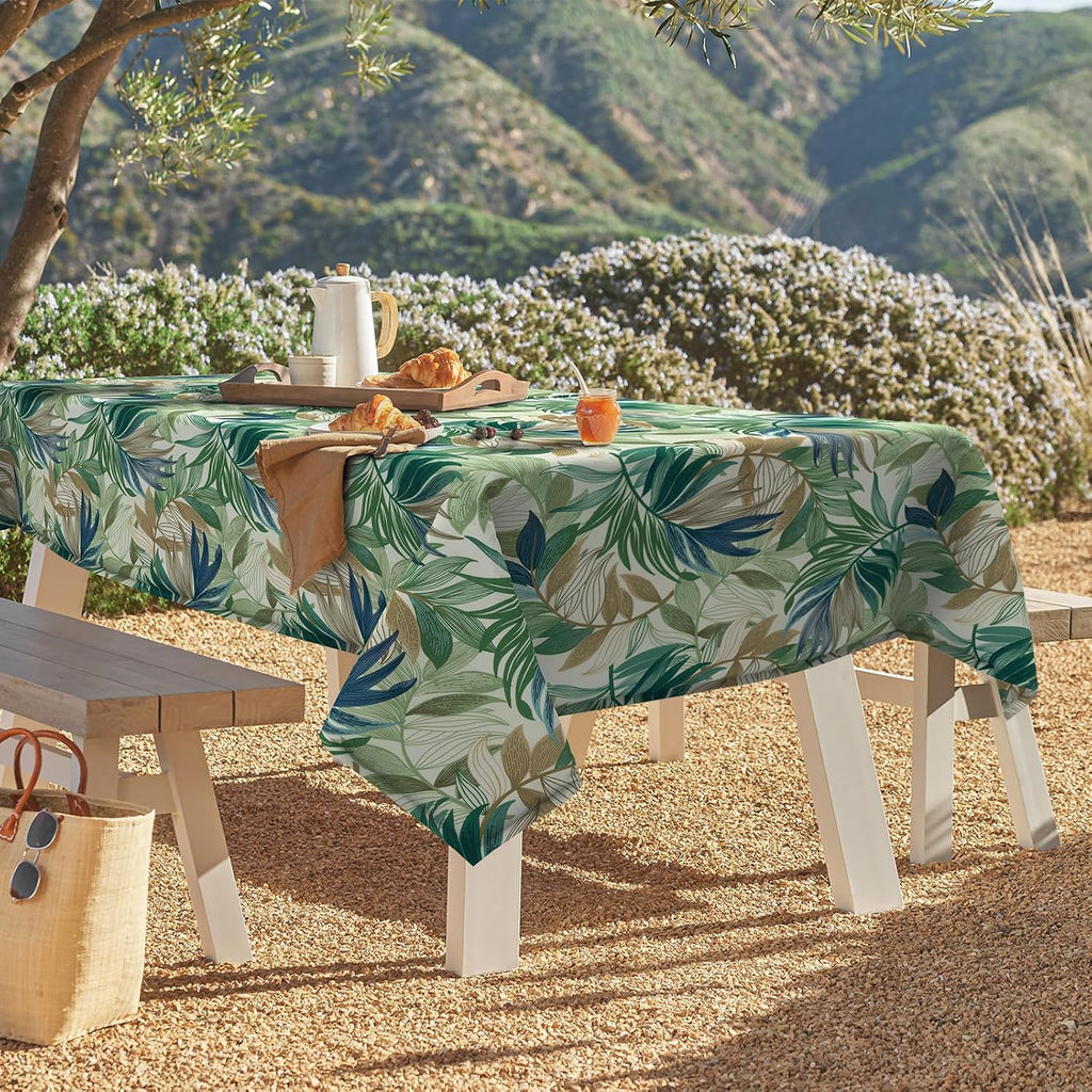 DYTXIII Outdoor Rectangle Tablecloth with Umbrella Hole and Zipper 84" x 60", Water Repellent Floral Picnic Cover, Fade & Wrinkle Resistant Tablecloth for Patio/Garden/Party Table, Lush Leaf Green