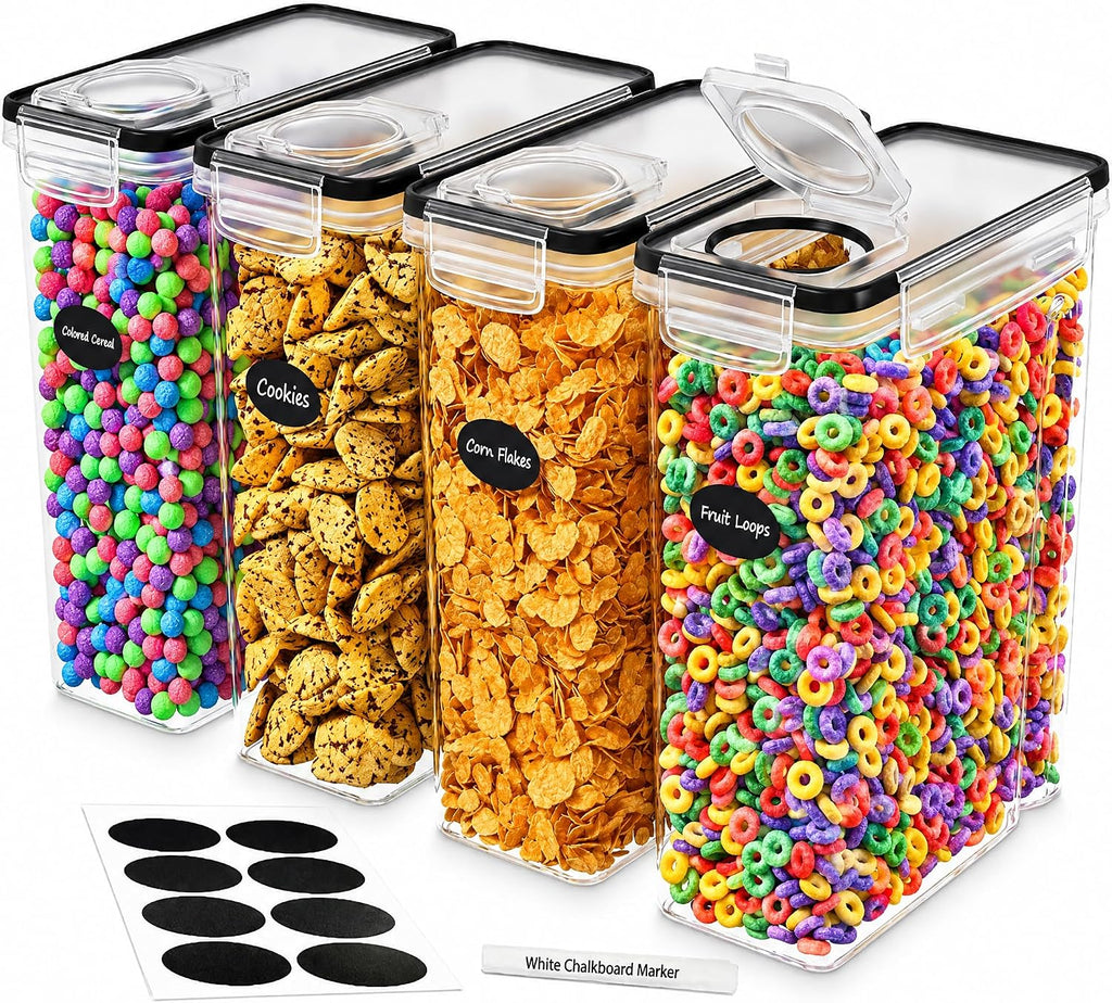DWËLLZA KITCHEN Cereal Containers Storage 4L Set of 4 Airtight Food Storage Containers with Lids Cereal Dispenser Countertop Pantry Organization Canister for Rice Flour & Sugar 1 Marker 8 Labels