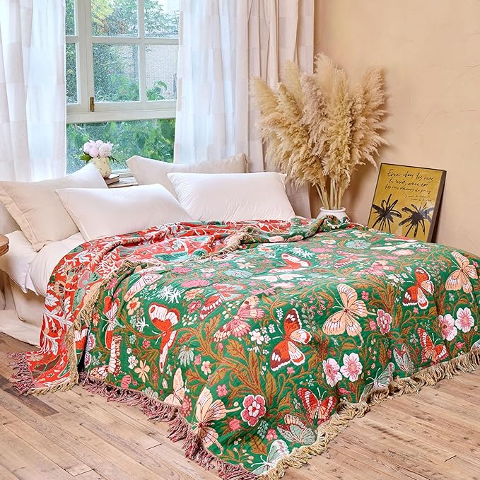 MSGKV Boho Throw Blanket for Couch 50"x60" Butterfly Floral 100% Cotton Blanket - Image 6