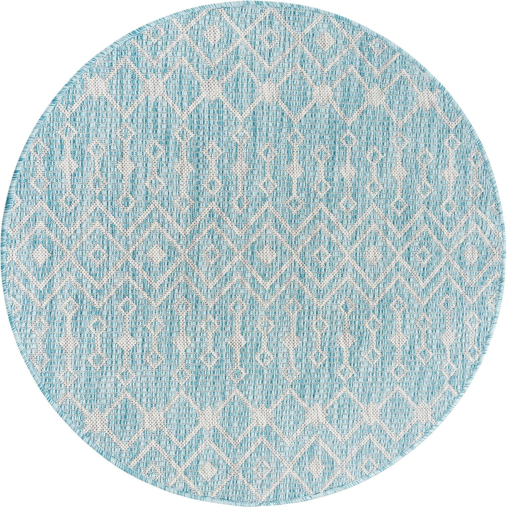 Unique Loom Outdoor Trellis Collection Area Rug - Tribal Trellis (3' 3" Round, Aqua/ Ivory)